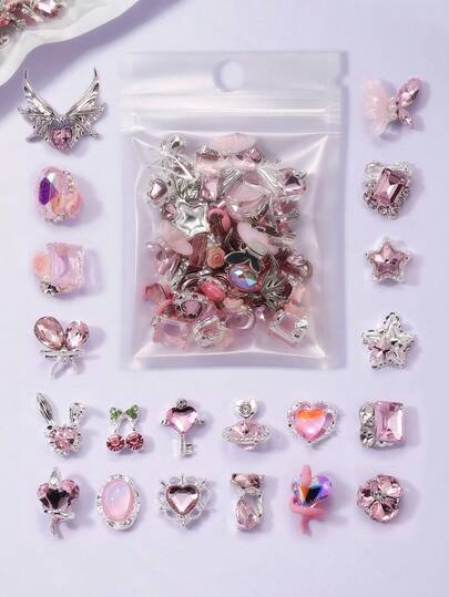 30/50 piezas Serie de diamantes de lujo Rhinestones mixtos de color rosa, pentágono, planeta, cereza, corazón, mariposa Decoraciones de arte de uñas, Joyería de uñas de metal, Pegatinas de uñas de lujo, Accesorios de uñas DIY, Suministros de uñas de metal para mujeres/niñas, Gemas para uñas