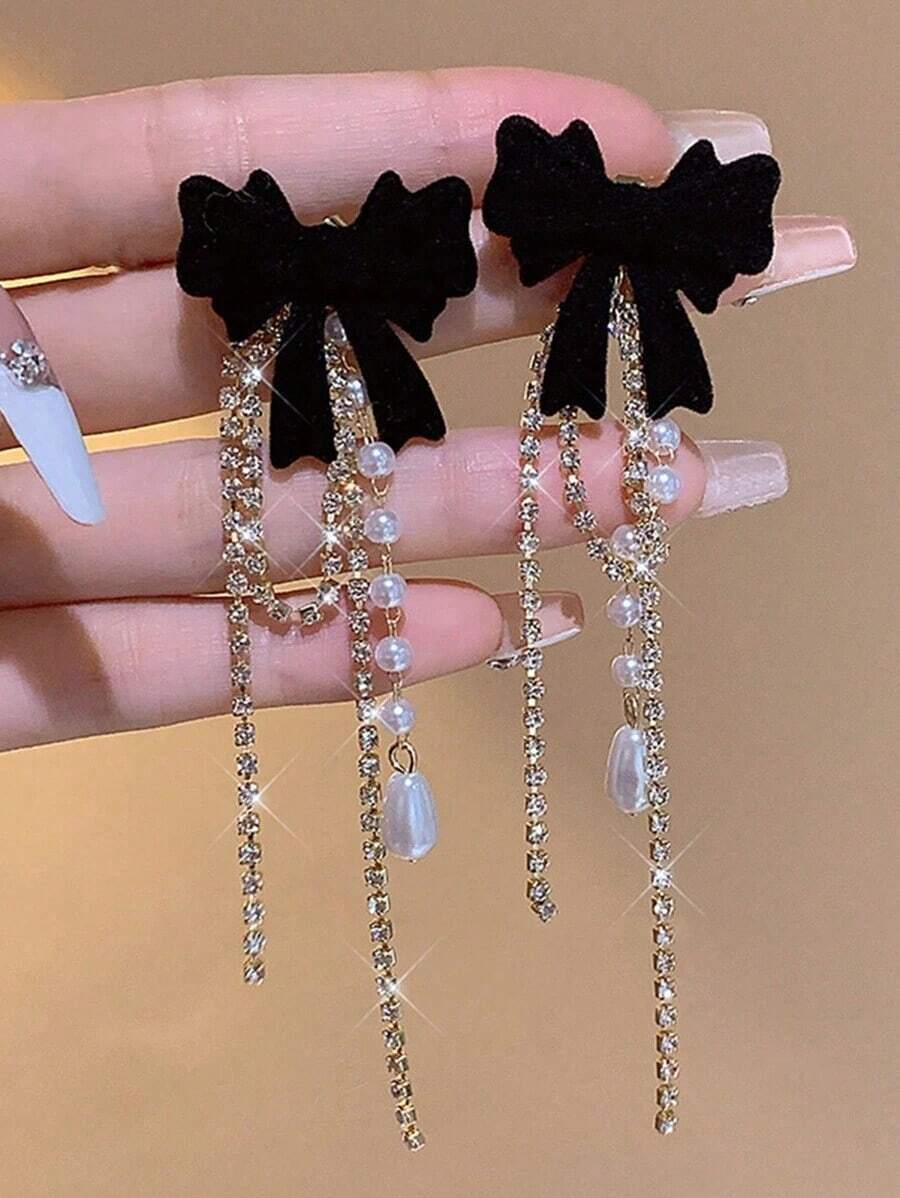 1 Pair Black Velvet Bow Knot Earrings, Sweet & Elegant Long Tassel Drop Earrings Women, Suitable Autumn/Winter Valentines,Mom,Mother,Mother's Day, - A - 查看 1