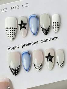 10 móng tay giả thủ công nguyên chất, móng dài hình hạnh nhân, màu trắng, đen và xanh dương với chấm bi và ngôi sao, kiểu Pháp dễ thương, sang trọng, hiệu ứng nhấp nháy nhẹ Y2K, thích hợp cho nữ và nữ, dùng cho mùa xuân, hè, thu, đông, ngày lễ và sinh hoạt hàng ngày. - Đen và trắng - Xem 2
