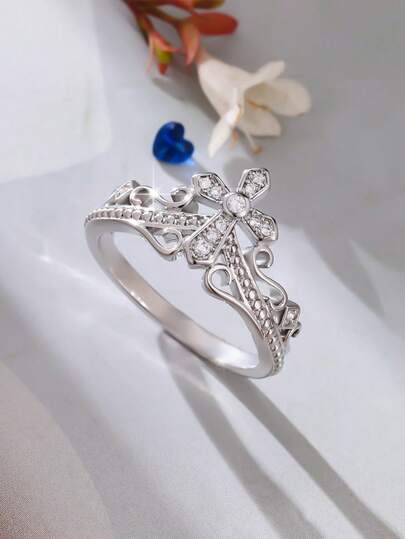 1 pieza Anillo de mujer de moda con zirconia sintética incrustada en diseño de corona, adecuado para uso diario, bodas, ocasiones importantes, regalos, ideal para el Día de San Valentín, Navidad y Año Nuevo