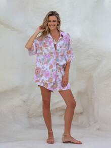 1 Bộ đồ gồm áo sơ mi và quần short in họa tiết phong cách bohemian thường ngày (2 món). - Nhiều màu - Xem 1