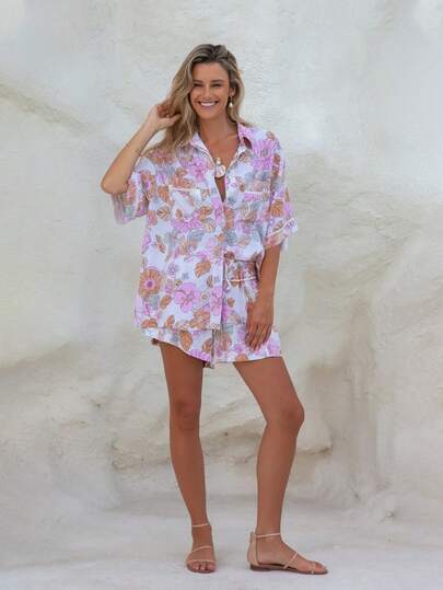 1 Bộ đồ gồm áo sơ mi và quần short in họa tiết phong cách bohemian thường ngày (2 món).