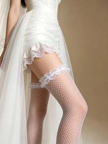 1双白色渔网过膝袜，荷叶边蕾丝袜口，性感大腿高筒网袜，适合婚礼季、派对、节日及日常穿着 - 彩色 - 查看 2