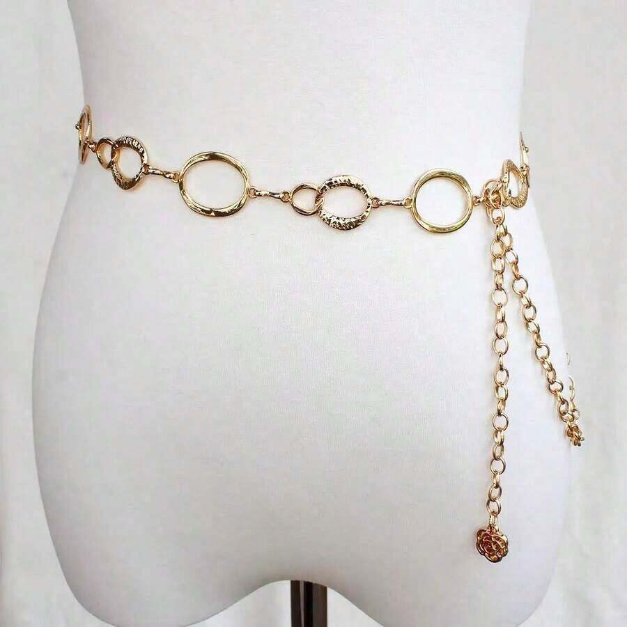 Metal Chain Decor Waist Belt For Women, Minimalist Versatile Waist Chain Accessory For Dresses, Hollow Circle Design Fall, Autumn, Halloween - Silver - View 1