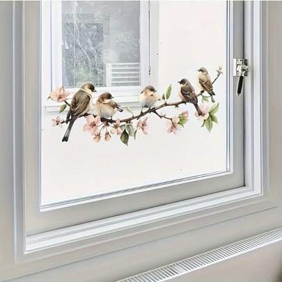 1pc 40*20cm Vibrant Floral And Bird Window Sticker - Lively Floral And Bird Window Decal With Sparrows And Blooming Flowers, Single-Use PVC Self-Adhesive, Suitable For Glass Windows, Easy To Apply, Spring/Summer Sticker