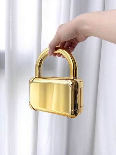 1pc Metallic Glossy Rectangular Box Clutch, Large Capacity Minimalist Metal Chain Shoulder/Crossbody Bag, Suitable For Parties, Banquets, Gatherings, Elegant Gold Color Evening Bag
