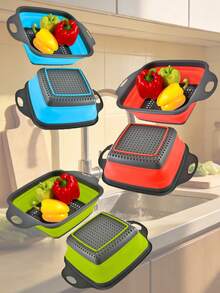 Rây lọc vuông gấp gọn có tay cầm - Rây lọc nhà bếp bằng silicon hình vuông có tay cầm bằng nhựa, rây lọc lưới có thể gập lại, lý tưởng để lọc mì, rau củ và trái cây, có các màu xanh dương/xanh lá cây/đỏ. - Xem 3