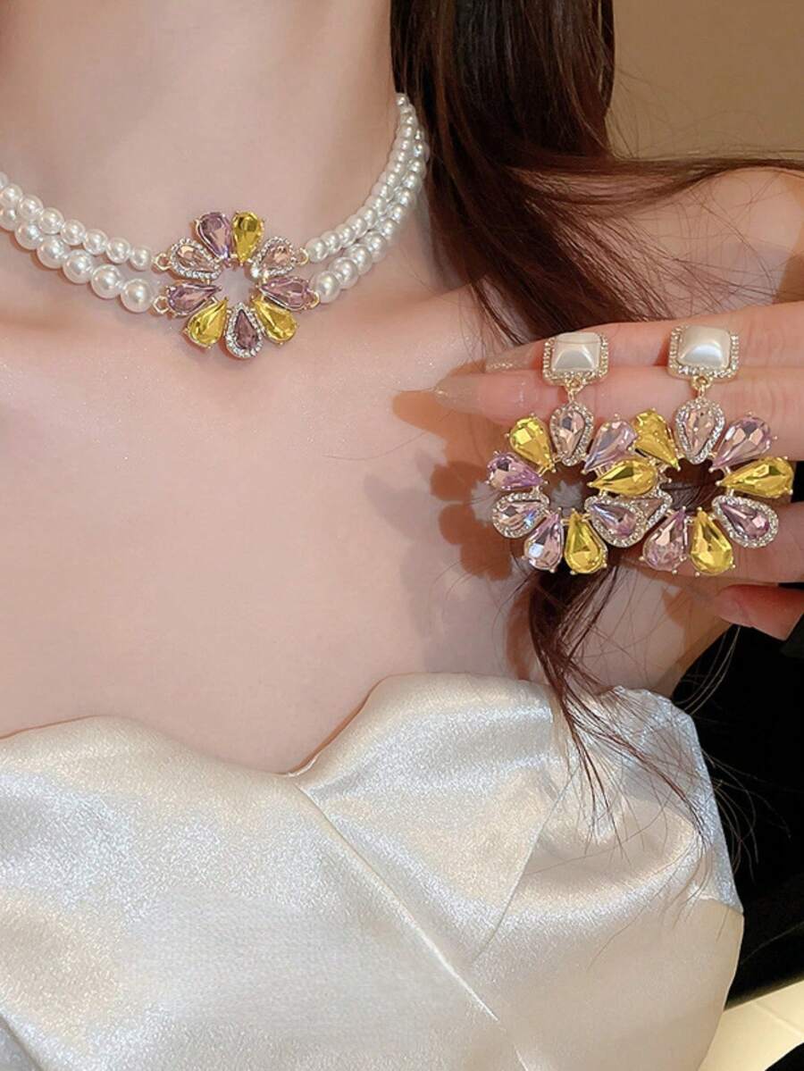 Bộ dây chuyền và bông tai ngọc trai giả hình hoa hướng dương thanh lịch, thích hợp làm quà tặng cưới/tiệc cho phụ nữ. - những bông hoa - Xem 1