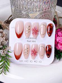10pcs Handmade Nail Stickers, Short Nails, False Nails, Almond Shape Nails, Nude Color Nails, Gentle Chic Nails, Sweet & Spicy Nails, Hand-Painted Amber Tie Dye, Red-Brown French Tips, 3D Pink Floral Nails With Metal Texture, Oval Outline & Golden Beads Decor, Includes Nail Tools, Suitable For Various Occasions, Easy To Apply And Remove, Fit For Women And Girls Almond Nail Stickers - Chocolate Brown - View 3