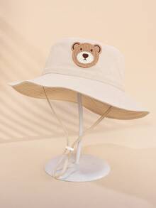 1 pieza Sombrero de ala ancha beige para niños, parche de oso lindo, tela suave y transpirable, cordón ajustable, adecuado para juegos al aire libre y campamento diarios - 1PC - Ver 11