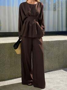 Women's Loose Business Casual Fashion Street Style Ruffled Waist Design Pullover Top And Straight Leg Pants Two Pieces Suit, Elegant Office Commuter Outfit, Suitable For Summer, Autumn, Spring - Brown - View 6