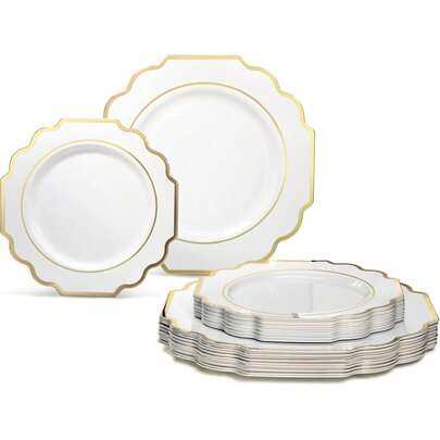 50/25/10 piezas Platos reutilizables con borde dorado y base blanca, platos para frutas, platos para aperitivos, lavables, que proporcionan tamaños de 7.5" y 10.25", adecuados para ensalada, hamburguesa, sándwich, sushi, aperitivos, frutas, ideales para fiestas de cumpleaños, bodas, San Valentín, Ramadán, Año Nuevo Chino