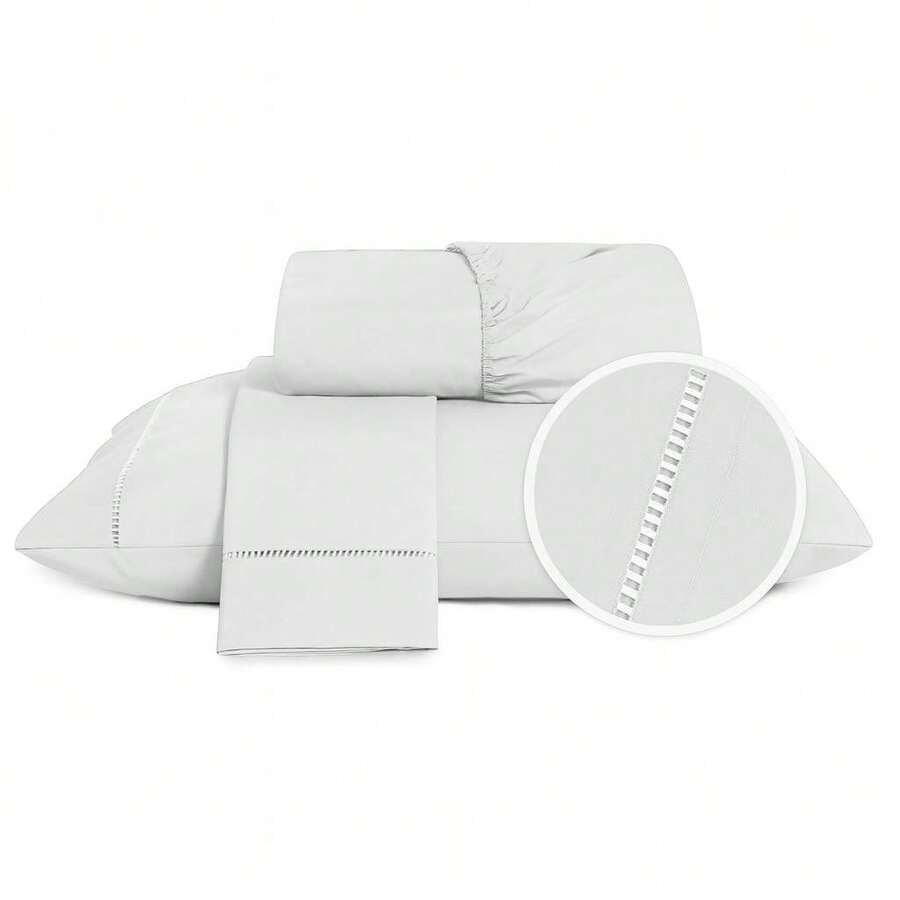 400 Thread Count Sheet Set, 2 And 3 Pieces, Luxury Hemstitch, Single, Double, Queen, King, High Quality - BRANCO - Ver 1