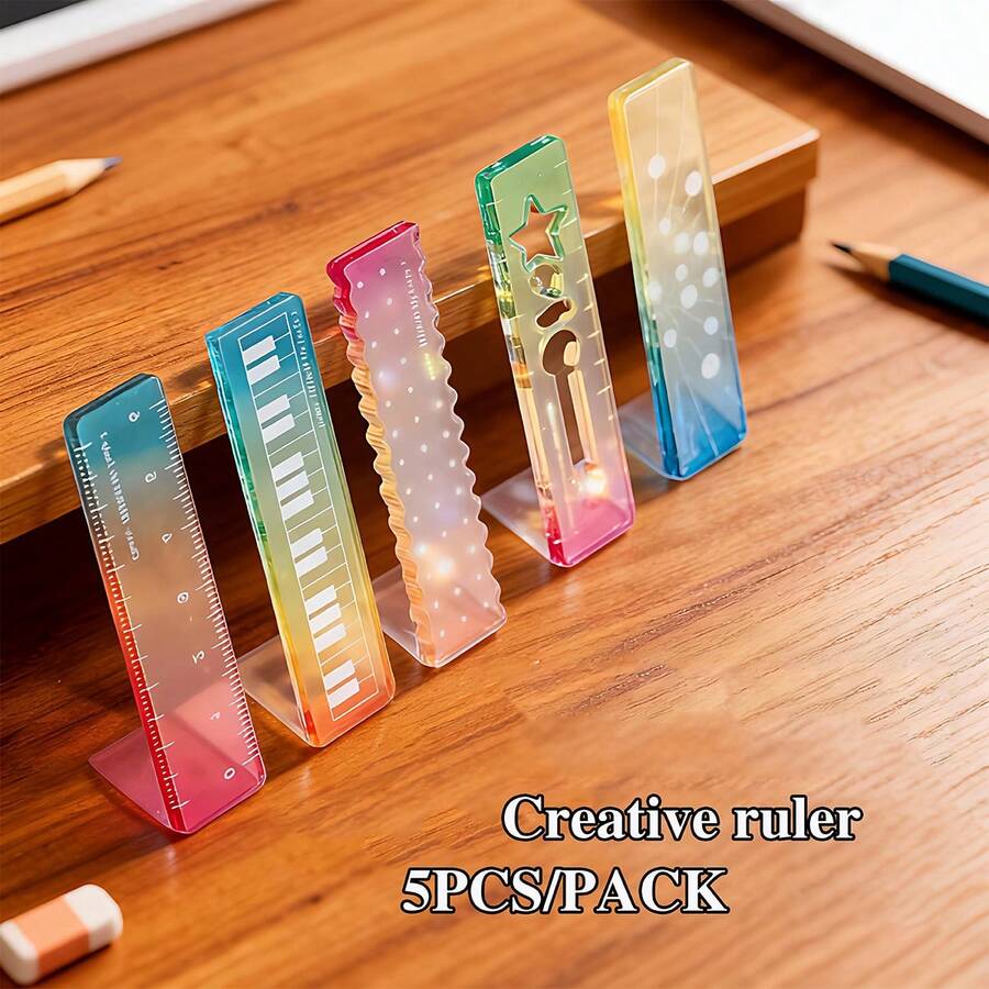 5支/套迷你尺，适合学生使用，掌心大小，可作记事本工具，透明波浪彩色小直尺，量角器，文具