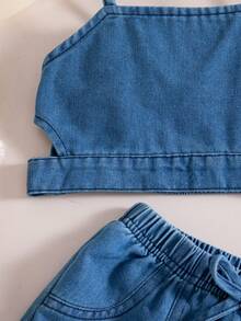 Bộ đồ denim dễ thương cho bé gái mùa hè: Áo hai dây và quần short có nơ. - Màu xanh lam - Xem 6