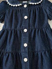 女婴可爱彼得潘领藏蓝色灯笼袖宽松休闲牛仔连衣裙，适合夏季外出 - 藍色 - 查看 3