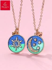 2件套儿童可爱卡通闺蜜斋月礼物亮片珐琅日月星吊坠项链套装，适合日常佩戴、送礼、节日佩戴 - 彩色 - 查看 1
