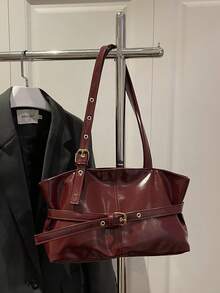 1个复古大容量手提包，通勤超大腋下包，时尚摩托车酒红色女士包，纯色油蜡PU皮革，肩带装饰，拉链封口，勃艮第酒红色，户外办公女士单肩包，大学生背包，短途旅行，度假，礼物，情人节，纪念品，送给女朋友的礼物，生日礼物，购物，商务，最佳选择，适合日常使用 - 酒紅色 - 查看 6