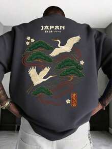 Men's Casual Versatile Simple Japanese Crane Print Short Sleeve T-Shirtgraphic Tee  Shirts - 深灰色 - 查看 12