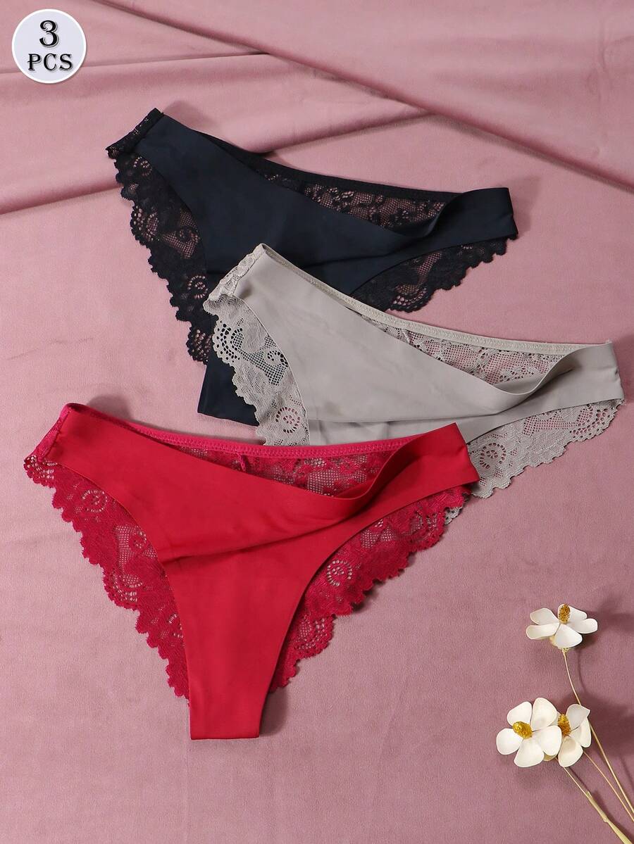 3 pezzi/Set Mutandine in pizzo sexy da donna, biancheria intima in seta - Multicolore - Visualizzare 1