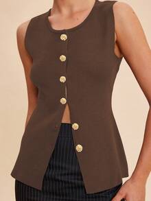Chaqueta/chaleco de negocios de unicolor opaco sin mangas con botones metálicos de estilo retro y elegante, ajuste slim. Camiseta de punto de punto fino y casual para mujer en verano - Marrón 22 - Ver 2
