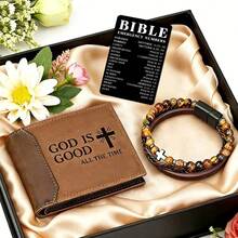 5 Styles Christian Gift Set For Men, PU Wallet & Cross Bracelet With Bible Emergency Numbers Card, Perfect For Birthday, Father's Day, Inspirational Religious Gift For Men - Brown - View 11