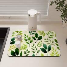 Leaf Printed Heat Insulation Cup Mat, Rubber Bottom Absorbent Non-Slip Kitchen Countertop Draining Mat, Quick Dry - Mustard Yellow - View 3