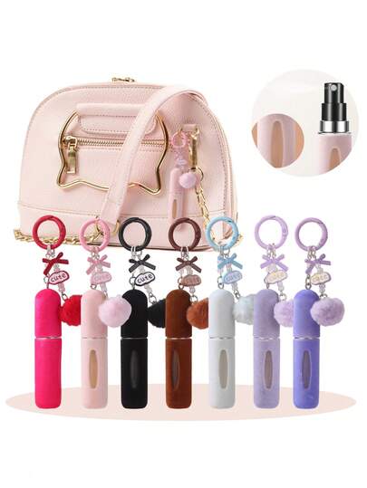 1/5个5毫升香水瓶钥匙扣，带毛绒球，便携旅行可灌装香水瓶，可爱毛绒球挂件香水瓶钥匙扣，优雅礼物，派对小礼品，适合赠送朋友，旅行迷你香水喷雾瓶