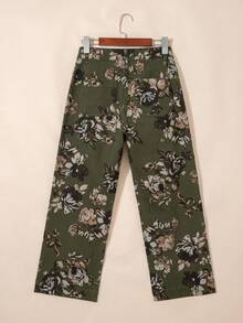 Vintage Floral Print Square Patch Pocket High Waist Wide-Leg Jeans - Green - View 4