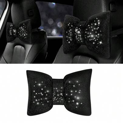 1pc Crystal Rhinestone Car Headrest Neck Pillow, Black Driver Specific Auto Cushion, Shiny Diamond Bow Neck Support Relaxation Pillow, Women Car Interior Accessory
