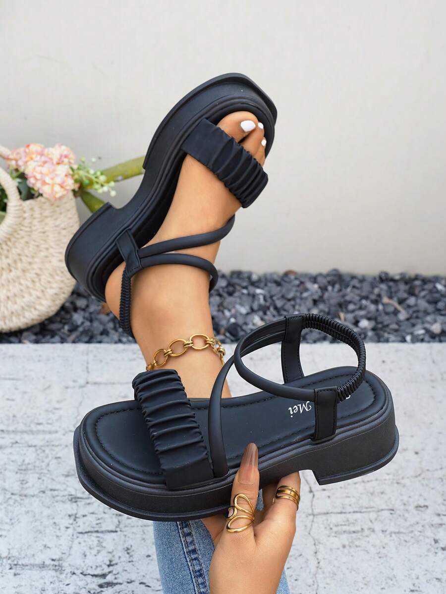 女士夏季新款坡跟舒适露趾凉鞋 - 黑色 - 查看 1