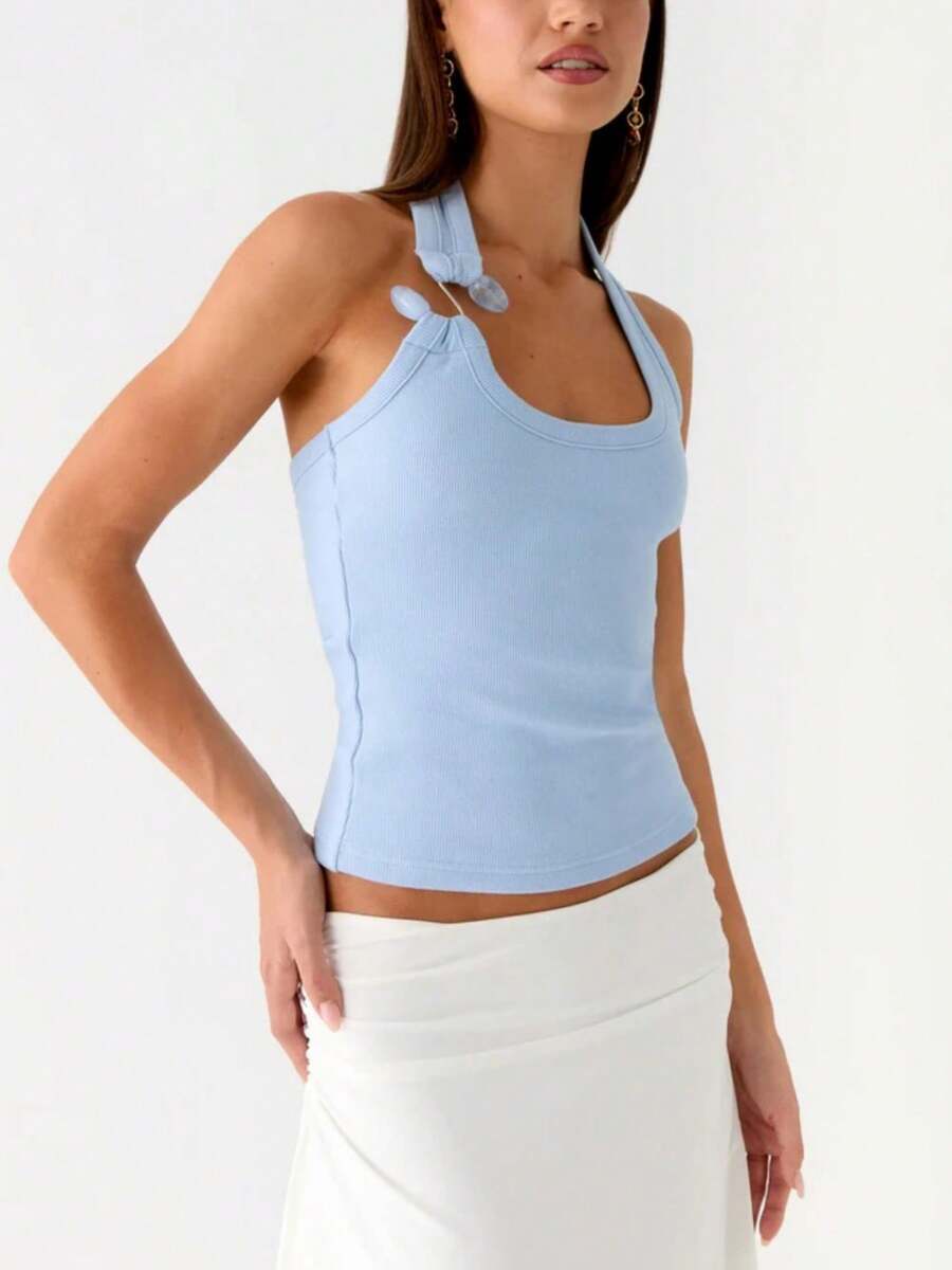 Women's Halter Neck Tank Tops Y2K Stone Embellishment Ribbed Knit Vest Summer Backless Slim Fit Crop Tops Low Back Sleeveless Tee Shirt Basic T-Shirt Streetwear Fashion Party Outfit - 藍色 - 查看 1
