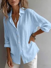 Women's Elegant Resort Style V-Neck Top, Loose And Relaxed Linen Blend Shirt, Suitable For Commuting, Casual, And Artistic Styles, Slimming And Flattering, Everyday Chic, Loose-Fitting, Draping, Breathable, Comfortable, And Relaxed Style. - Màu xanh lam - Xem 4