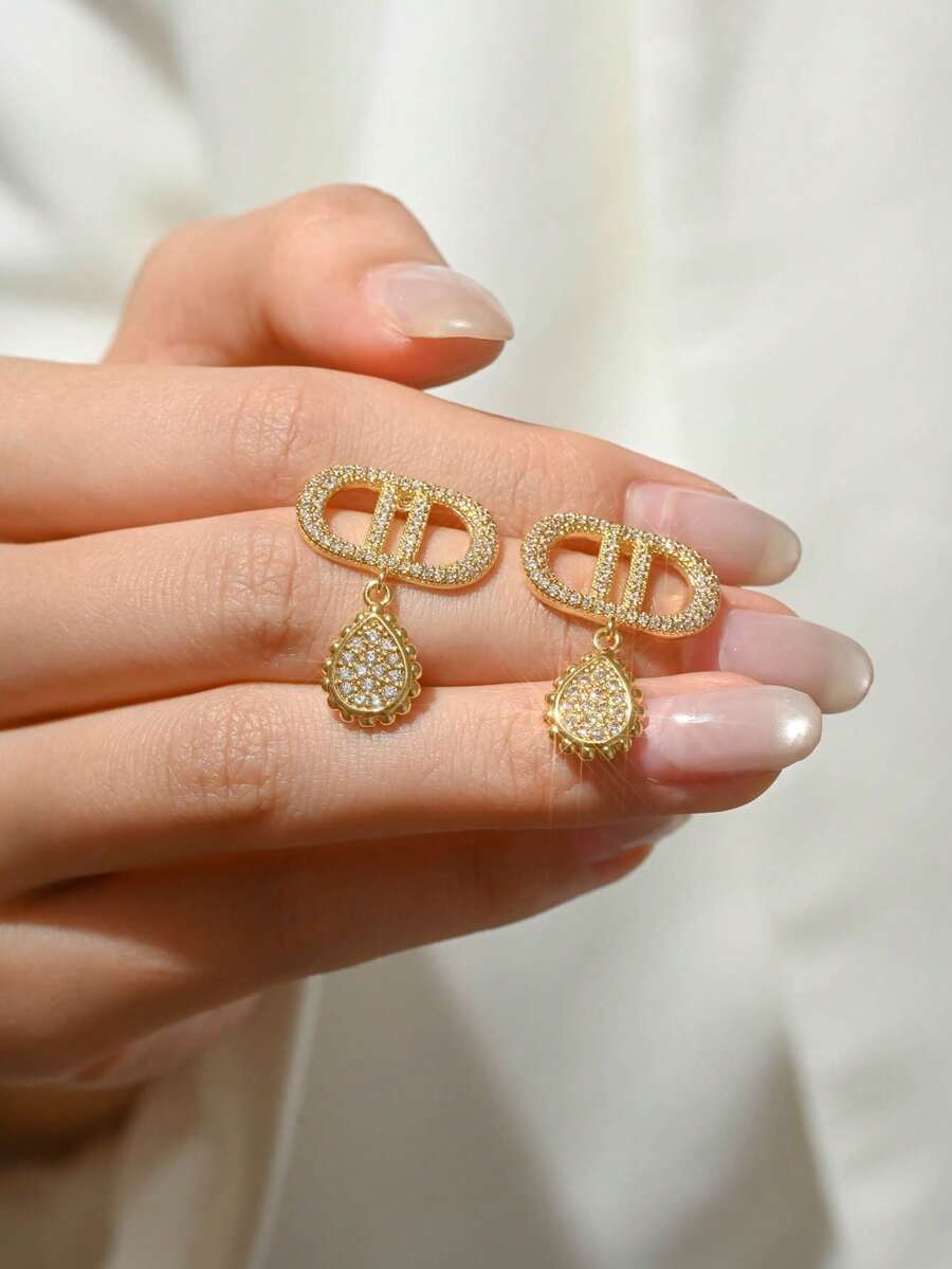 1 Đôi bông tai mặt dây chuyền sang trọng, thanh lịch, tối giản, cao cấp mạ vàng đồng, đính đá Cubic Zirconia, thích hợp cho phụ nữ đeo hàng ngày. - Vàng - Xem 1