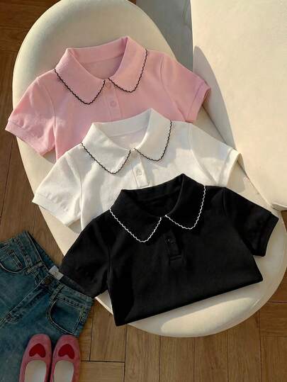 Set de 3 piezas Camiseta polo de manga corta de verano para niñas pequeñas, top con cuello con volantes, estilo preppy