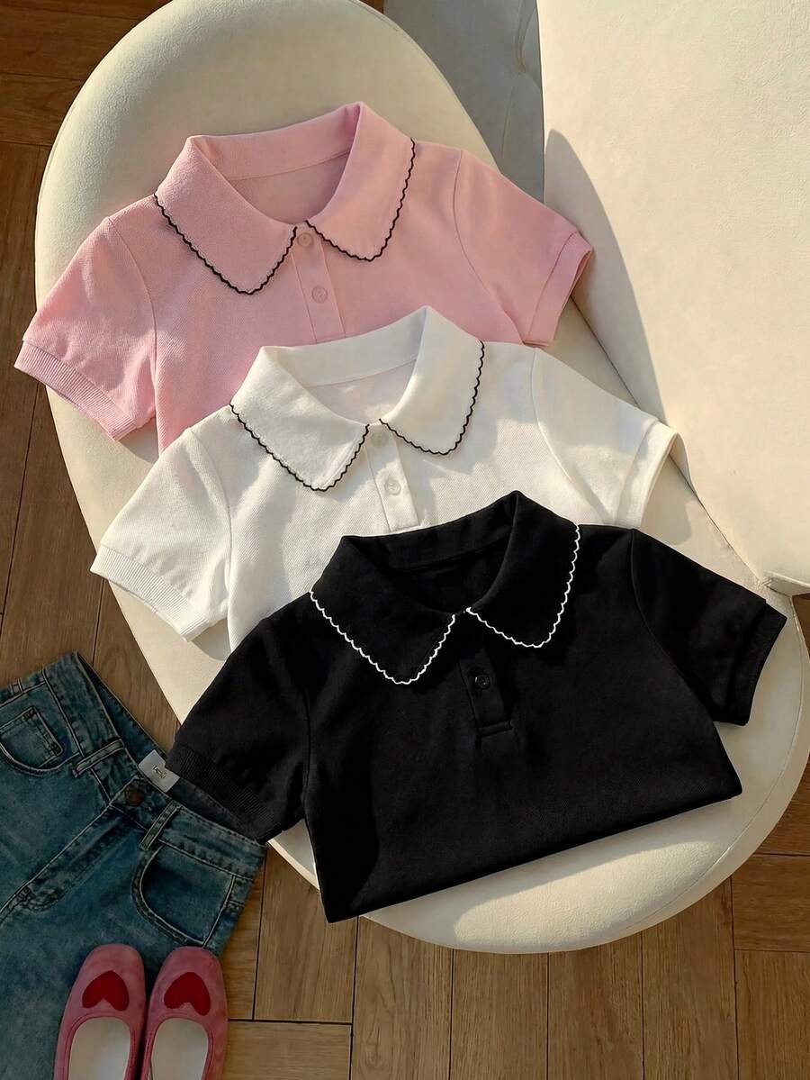 3件套女童夏季短袖polo衫,荷叶边领上衣,学院风 - 白色 - 查看 1