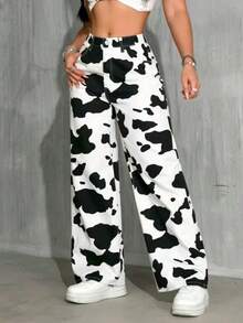 Women's Cow Print Flared Leg Jeans Casual Vacation Spring - Black and White - View 1