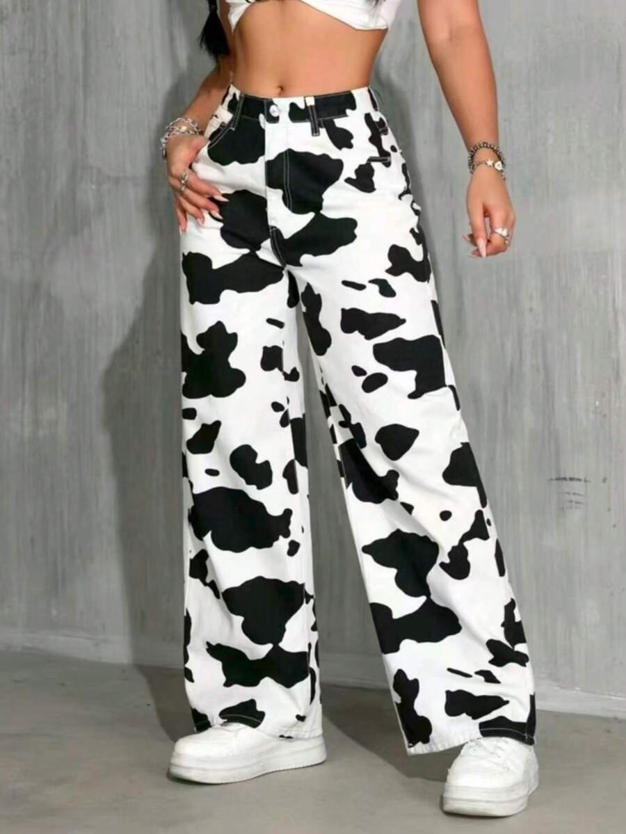 Women's Cow Print Flared Leg Jeans Casual Vacation Spring - Black and White - View 1