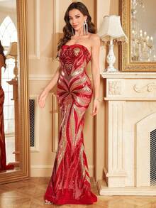 yanchunxier 1件女士红色亮片刺绣优雅正式连衣裙，性感无肩带，针织面料修身长款鱼尾裙摆，适合派对/婚礼/正式晚宴/休闲场合 - 紅色 - 查看 17