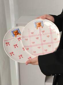 Cabin Kangaroo 1 pieza Plato de cerámica 3D lindo con estampado de lazo, plato de cena con relieve Kawaii, plato de postre/desayuno estético, apto para microondas, ideal para decoración del hogar y regalos - Multicolor - Ver 10