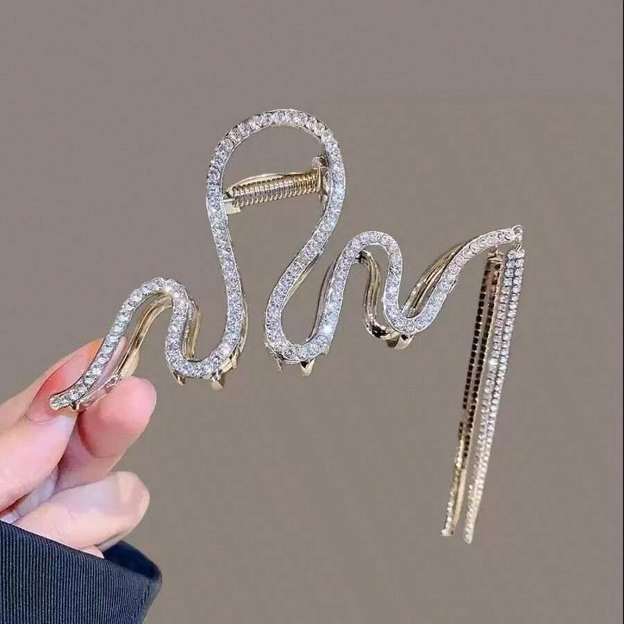 1pc Versatile Rhinestone Wavy Tassel Hair Claw Clip, Minimalist Hair Claw Large Metal Hair Accessory For Thick Hair, Summer Hair Clip For Women - Multicolor - View 1