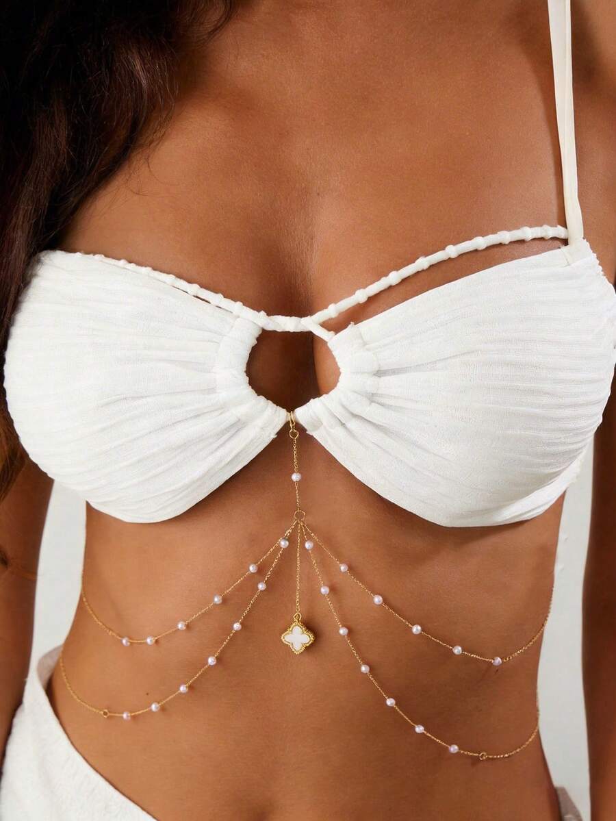 1 mặt dây chuyền hình cỏ bốn lá may mắn thời trang mới, dây chuyền bikini nhiều lớp đính ngọc trai giả, dây chuyền đeo eo mùa hè cho nữ. - Nhiều màu - Xem 1