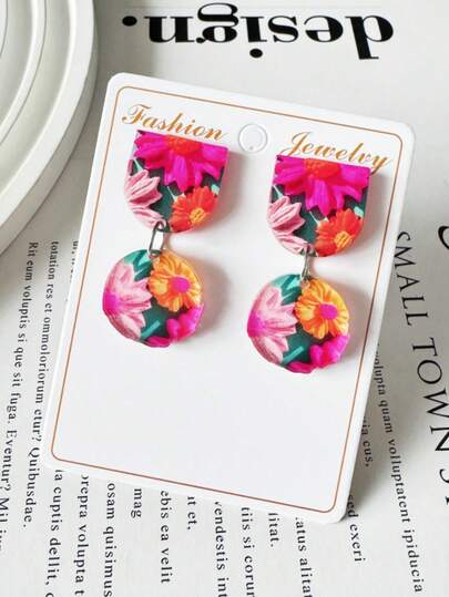 1 Pair Retro Artistic Color Block Floral Acrylic Pendant Earrings, Lightweight Jewelry For Women, Minimalist Summer Niche, Versatile Gift And Daily Wear