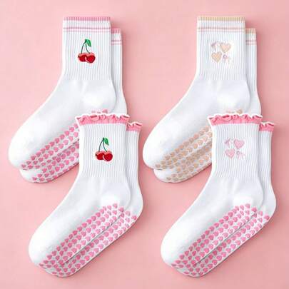 1 Pair Women's Pilates Yoga Socks, Sweet Lace Embroidery Mid-Calf Socks, Professional Non-Slip Sports Socks, Odor Resistant