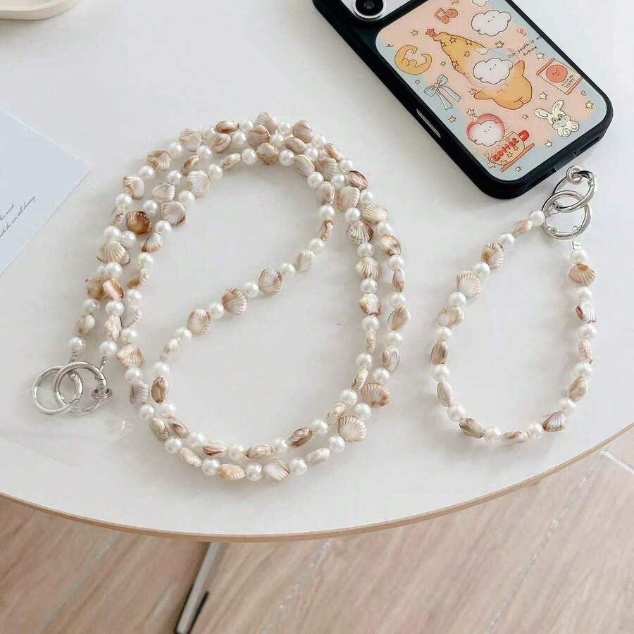 1 Set Handmade Antique Bronze Shell & Faux Pearl Beaded Long Lanyard, Minimalist Phone Strap, Crossbody Phone Chain, Bag Chain - Multicolor - View 1