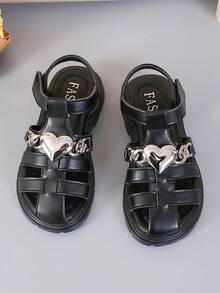 1 Pair New Minimalist Solid Color Heart Design Girls/Kids Hook And Loop Flat Sandals, Comfortable , Suitable For Spring/Summer Daily Wear - Black - View 2