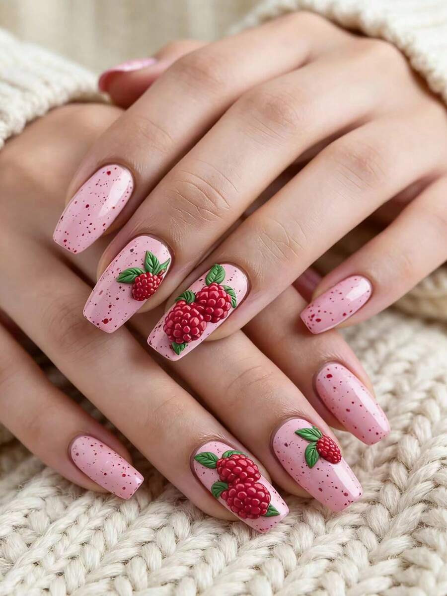 24 miếng dán móng tay họa tiết trái cây cỡ vừa-dài, móng giả chấm bi hồng kiểu dáng ngọt ngào, hình vuông, thích hợp sử dụng hàng ngày, dự tiệc, du lịch, làm móng tiện lợi. - Màu Hồng  Dưa hấu - Xem 1