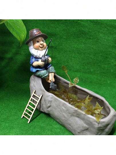 钓鱼小矮人雕像 - 树脂花园装饰品，配有钓竿和迷你鱼，奇趣庭院艺术品，适用于池塘、花盆、露台和草坪，户外仙境花园装饰品，送给园艺爱好者和钓鱼爱好者的礼物
