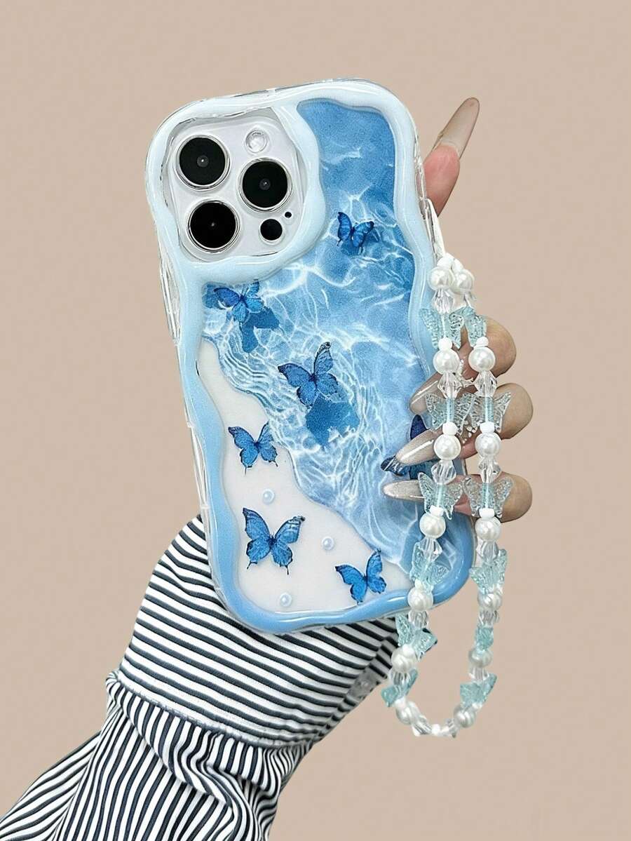 Ốp điện thoại chống rơi hình bướm, viền lượn sóng, màu kem, bóng bẩy, kèm vòng tay đính hạt thủ công, tương thích với iPhone 16/11/16pro/16plus/16promax/16e/15Promax/13/14/12 - Nhiều màu - Xem 1