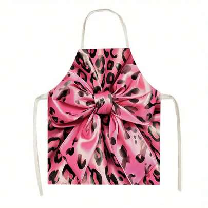 1 chiếc tạp dề màu hồng in họa tiết da báo, có nơ, thích hợp cho nhà bếp, phòng khách, phòng ăn, khách sạn, tiệc nướng ngoài trời, v.v., được làm từ 100% polyester, có thể giặt máy.